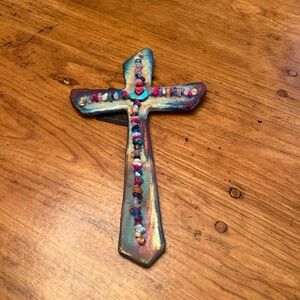 Raku Pottery Beaded Cross Large
